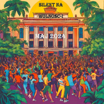 Kolorowa grafika przedstawia tłum ludzi, którzy tańczą na placu Wolności. W tle budynek atrium z neonem "Wolność".