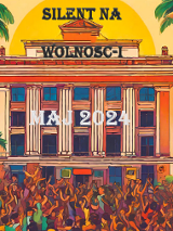 Rysunek budynku z napisem Wolność, przed budynkiem tłum ludzi tańczy.