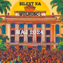 Rysunek budynku z napisem Wolność, przed budynkiem tłum ludzi tańczy.