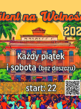 Baner, który reklamuje Silent Disco na Wolności. Grafika przedstawia palmy przed zabytkowym budynkiem, tłum ludzi tańczący na placu. Na grafice napisy, informujęce o wydarzeniu.