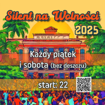 Baner, który reklamuje Silent Disco na Wolności. Grafika przedstawia palmy przed zabytkowym budynkiem, tłum ludzi tańczący na placu. Na grafice napisy, informujęce o wydarzeniu.