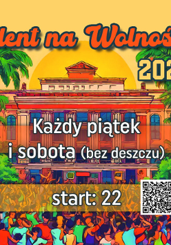 Baner, który reklamuje Silent Disco na Wolności. Grafika przedstawia palmy przed zabytkowym budynkiem, tłum ludzi tańczący na placu. Na grafice napisy, informujęce o wydarzeniu.