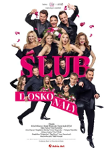 Grupa aktorów i aktorek na plakacie spektaklu o tytule Ślub doskonały.