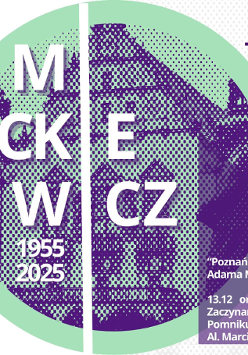 Biały plakat z zielono-fioletową grafiką przedstawiającą budynek rektoratu UAM.