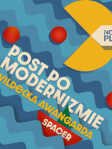 Niebieskie tło w falowany wzór. Na nim dwa żółte okręgi z wyciętym trójkątem i czerwone kropki. Całość wygląda jak gra PacMan. Na środku biały napis "Post po modernizmie". Żółty napis "Wildecka Awangarda".