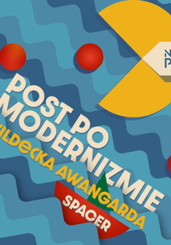 Niebieskie tło w falowany wzór. Na nim dwa żółte okręgi z wyciętym trójkątem i czerwone kropki. Całość wygląda jak gra PacMan. Na środku biały napis "Post po modernizmie". Żółty napis "Wildecka Awangarda".