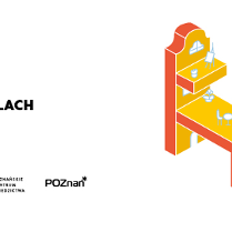 Obraz przedstawia reklamę graficzną lub plakat składający się z białego tła i dwóch głównych elementów. Po prawej stronie znajduje się trójwymiarowa ilustracja utrzymana w żółto-pomarańczowej tonacji, przedstawiająca stylizowane budynki lub platformy ze schodami, oknami i roślinami na dachu. Ta część obrazu jest wypełniona zabawnym i nowoczesnym designem, dającym poczucie dynamicznej i ciekawej przestrzeni.