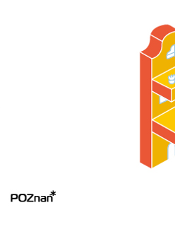 Obraz przedstawia reklamę graficzną lub plakat składający się z białego tła i dwóch głównych elementów. Po prawej stronie znajduje się trójwymiarowa ilustracja utrzymana w żółto-pomarańczowej tonacji, przedstawiająca stylizowane budynki lub platformy ze schodami, oknami i roślinami na dachu. Ta część obrazu jest wypełniona zabawnym i nowoczesnym designem, dającym poczucie dynamicznej i ciekawej przestrzeni.