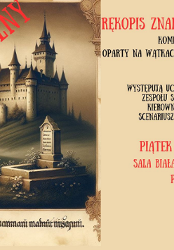 Na grafice po lewej stronie widnieje klimatyczna ilustracja średniowiecznego zamku w otoczeniu owiec i nagrobka, podkreślająca baśniowo-gotycki nastrój wydarzenia. Obok napisy, któe informują o wydarzeniu.