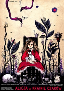 Plakat przedstawienia - rysunek dziewczynki w czerwonej sukience, która siedzi na krześle i trzyma na kolanach królika.