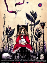 Plakat przedstawienia - rysunek dziewczynki w czerwonej sukience, która siedzi na krześle i trzyma na kolanach królika.