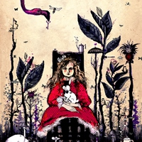 Plakat przedstawienia - rysunek dziewczynki w czerwonej sukience, która siedzi na krześle i trzyma na kolanach królika.