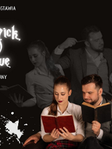 Plakat, który reklamuje Spektakl "Dla kogo Nick (prawie) stracił głowę?", grupa aktorów na scenie, z boku napisy informujące o wydarzeniu.