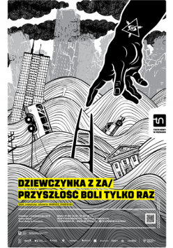 Plakat z informacjami o spektaklu i czarno-biała abstrakcyjna grafika.