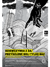 Plakat z informacjami o spektaklu i czarno-biała abstrakcyjna grafika.