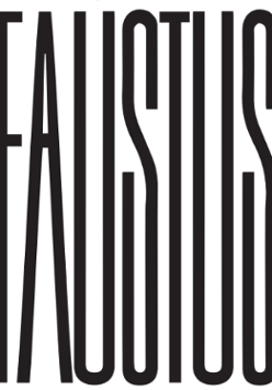 Czarno-biała grafika: na białym tle napis czarnymi, drukowanymi, wydłużonymi literami "Faustus".