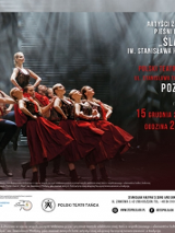 Plakat spektaklu: na zdjęciu tancerze i tancerki z zespołu Śląsk występujący na scenie. Po prawej stronie informacje na temat spektaklu.