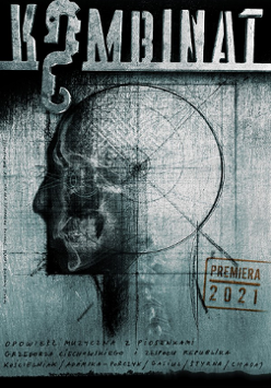 Plakat ze spektaklu: rysunek głowy z profilu w niebiesko-szarych kolorach oraz napis - tytuł przedstawienia.