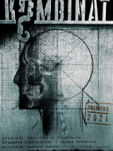 Plakat ze spektaklu: rysunek głowy z profilu w niebiesko-szarych kolorach oraz napis - tytuł przedstawienia.