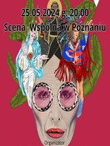 Plakat informujący o spektaklu pod tytułem Kora Boska, na którym oprócz informacji o wydarzeniu znajduje się stylizowany rysunek twarzy artystki na purpurowym tle.