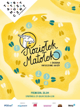 Plakat przedstawienia - rysunek przedstawiający głowę Koziołka Matołka na tle konturu mapy Polski w żółtych kolorach.