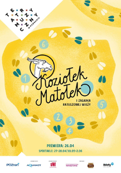 Plakat przedstawienia - rysunek przedstawiający głowę Koziołka Matołka na tle konturu mapy Polski w żółtych kolorach.