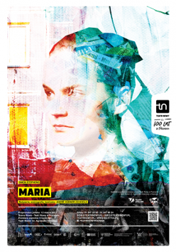 Plakat z informacjami o spektaklu i zdjęcie twarzy młodej kobiety, patrzącej w bok.