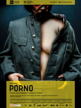 Plakat z informacjami o spektaklu i zdjęciem osoby bez widocznej twarzy, ubranej w rozpiętą ciemną koszulę, spod której widać fragment nagiego ciała.