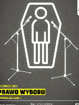 Plakat przedstawienia - rysunek człowieka w białym kolorze na szarym tle, przed którym stoją na statywach dwa mikrofony. Na plakacie u dolu i w prawym górnym rogu informacje o spektaklu.