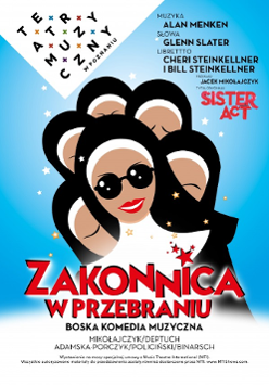 Plakat przedstawienia - rysunek zakonnicy, za którą widaćsylwetki kolejnych zakonnic oraz informacje na temat przedstawienia.