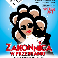 Plakat przedstawienia - rysunek zakonnicy, za którą widaćsylwetki kolejnych zakonnic oraz informacje na temat przedstawienia.