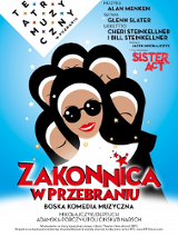 Plakat przedstawienia - rysunek zakonnicy, za którą widaćsylwetki kolejnych zakonnic oraz informacje na temat przedstawienia.