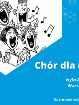 Rysunek osób śpiewających w chórze, informacje o warsztatach chóru dla dorosłych.