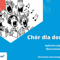 Rysunek osób śpiewających w chórze, informacje o warsztatach chóru dla dorosłych.