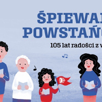 Na niebieskim tle postacie od osoby starszej po dziecko. Obrazek sugeruje, że te osoby śpiewają.