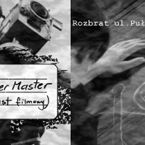 Plakat, który reklamuje spotkanie na Rozbracie. Po prawej stronie stare zdjęcie filmowaca, po lewej rysunek kredą, nad którym pochyla się twórca. Z boku napisy informujące o wydarzeniu.