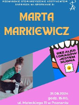 Plakat, zdjęcie autorki książki, dookoła napisy informujące o wydarzeniu.