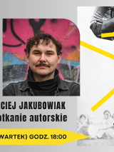 Zdjęcie mężczyzny z wąsem, informacje o spotkaniu autorskim.