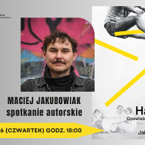 Zdjęcie mężczyzny z wąsem, informacje o spotkaniu autorskim.