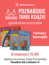 Informacje o spotkaniu z autorskim na targach książki, grafika z książkami.