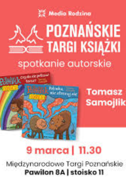 Informacje o spotkaniu z autorskim na targach książki, grafika z książkami.