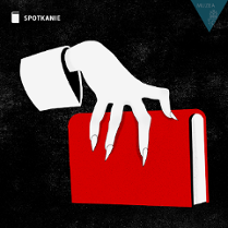 na czarnym tle wyciągnięta dłon z dlugimi paznokciami. Dłoń trzyma krwisto-czerwoną książkę za grzbiet.