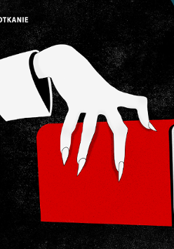 na czarnym tle wyciągnięta dłon z dlugimi paznokciami. Dłoń trzyma krwisto-czerwoną książkę za grzbiet.