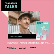 Plakat informujący o spotkaniu autorskim z Grzegorzem Piątkiem, zdjęcie mężczyzny na różowym tle.