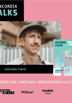 Plakat informujący o spotkaniu autorskim z Grzegorzem Piątkiem, zdjęcie mężczyzny na różowym tle.