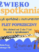 Plakat wydarzenia "Dźwiękospotkania - flet poprzeczny". Spotkanie dla dzieci 2-7 lat z opiekunami, 2 marca 2026 o 17:30 w Kawiarni Małe Fusy (os. B. Chrobrego 110, Poznań). Grafika przedstawia kota grającego na flecie oraz logo "tutti art".