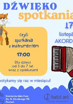 Plakat zapraszający dzieci na spotkanie muzyczne. Grafika kota ze skrzypcami oraz akordeonem, pomiędzy rysunkami napisym, które informują o wydarzeniu powtórzone w treści artykułu.
