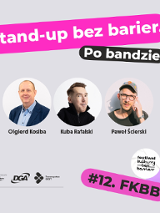 Plakat, na szaro-różowym tle zdjęcia trzech artystów, dookoła napisy informujące o wydarzeniu.