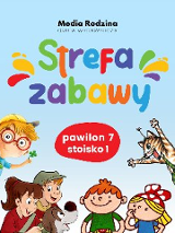 Plakat, który promuje Sterfę zawbawy na MTP w pawilonie 7, stoisko 1. Na niebieskim lte kolowrowe litery i rysunki bajkowych postaci.