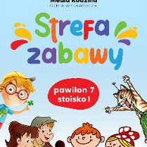 Plakat, który promuje Sterfę zawbawy na MTP w pawilonie 7, stoisko 1. Na niebieskim lte kolowrowe litery i rysunki bajkowych postaci.